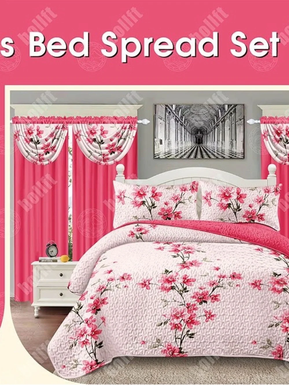 Red Leaf-Print Bedspread Set by